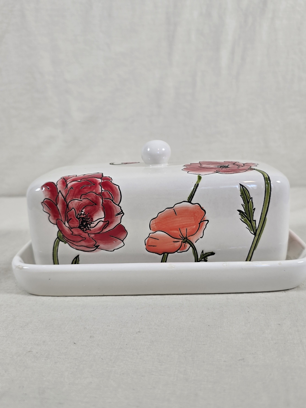 LANG Red Poppy Floral Ceramic Covered Butter Dish